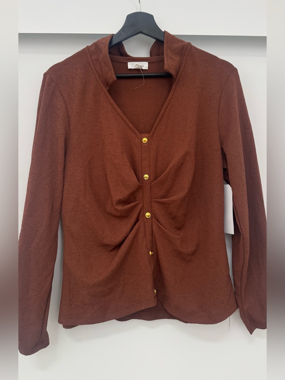 Ruched Button-Front Long-Sleeve Top in Brown